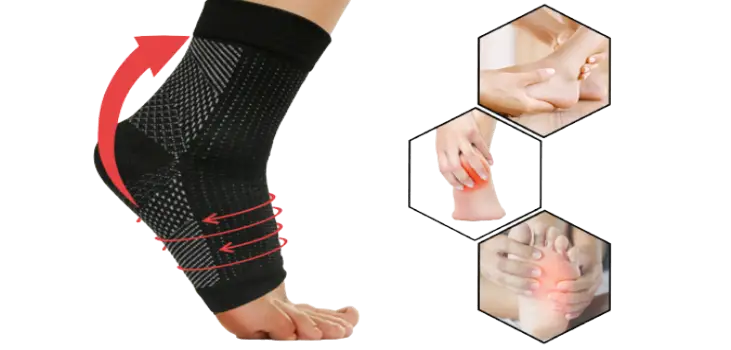 close up of comprex ankle sleeve amd 3 pictures showing the areas where foot might be in pain
