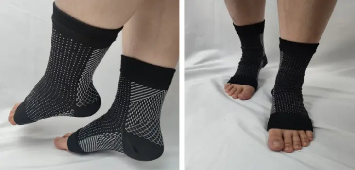 collage of 2 pictures showing feet wearing comprex ankle feet
