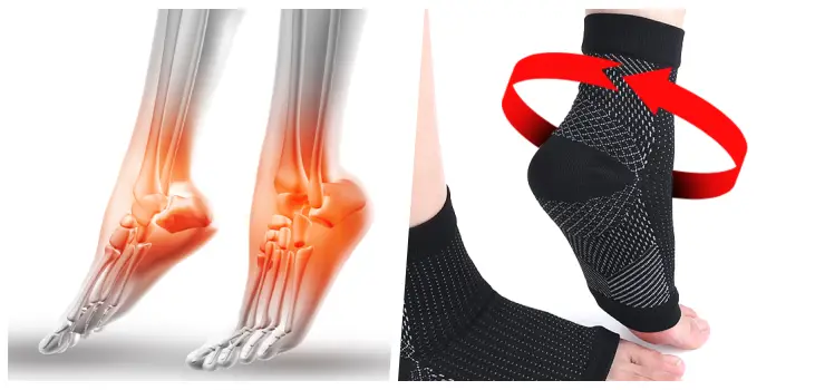 collage of 2 pictures. 1st picture, shows an x-ray of the feet marking the areas they're in pain, and the 2nd close up of feet wearing complex ankle feet
